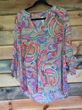 Paisley V-Neck Tunic Top in Pink, Blue & Green